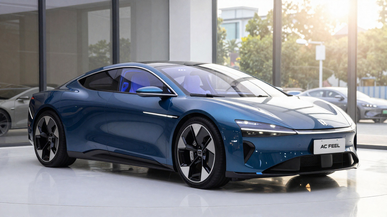 Carro esportivo elétrico azul em exposição, modelo AC Feel, com design aerodinâmico e rodas modernas.