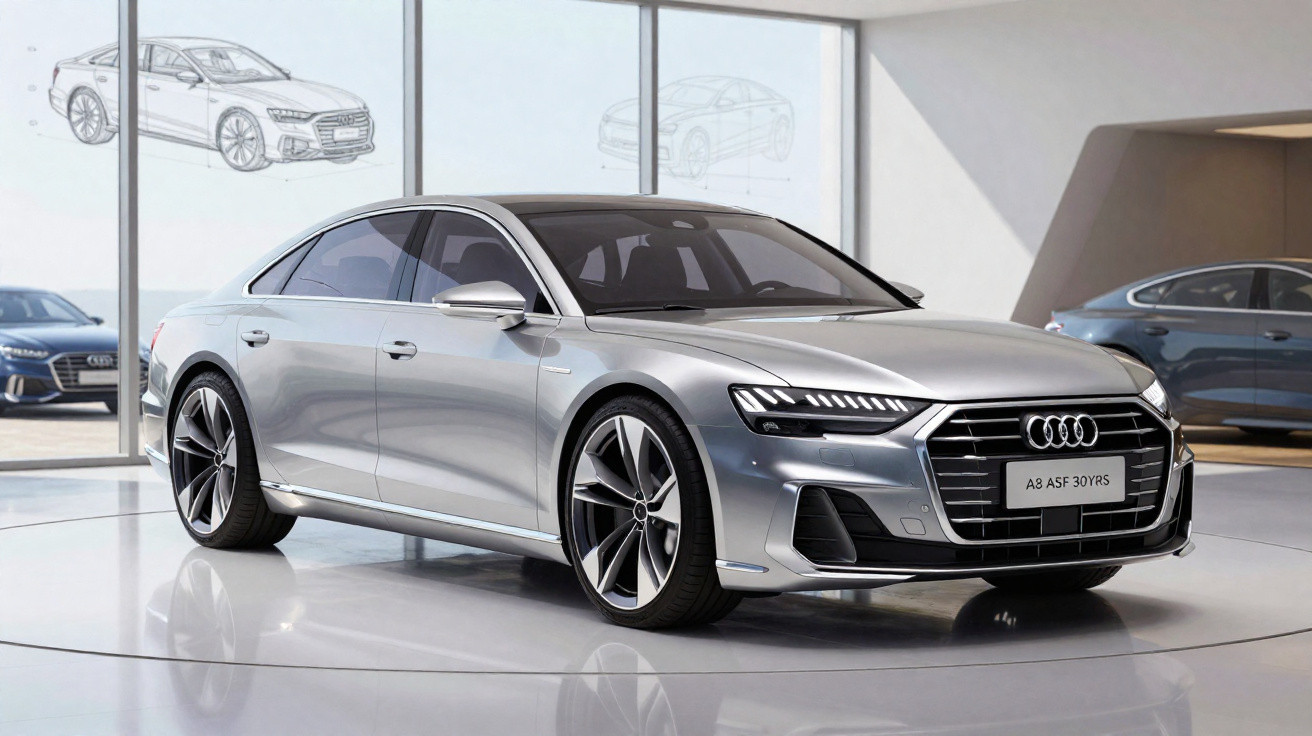 Carro Audi A3 prata expositor em salão moderno com janelas grandes e outros veículos ao fundo.