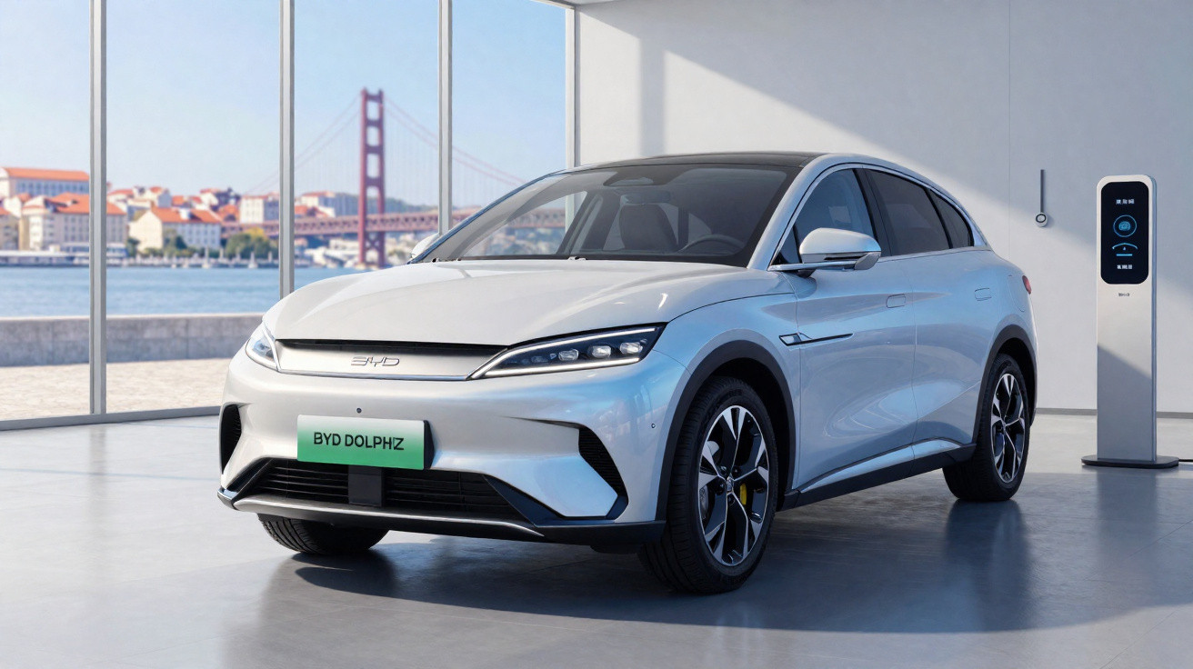 Carro elétrico branco BYD Dolphin em ambiente interno com carregador e vista para ponte ao fundo.