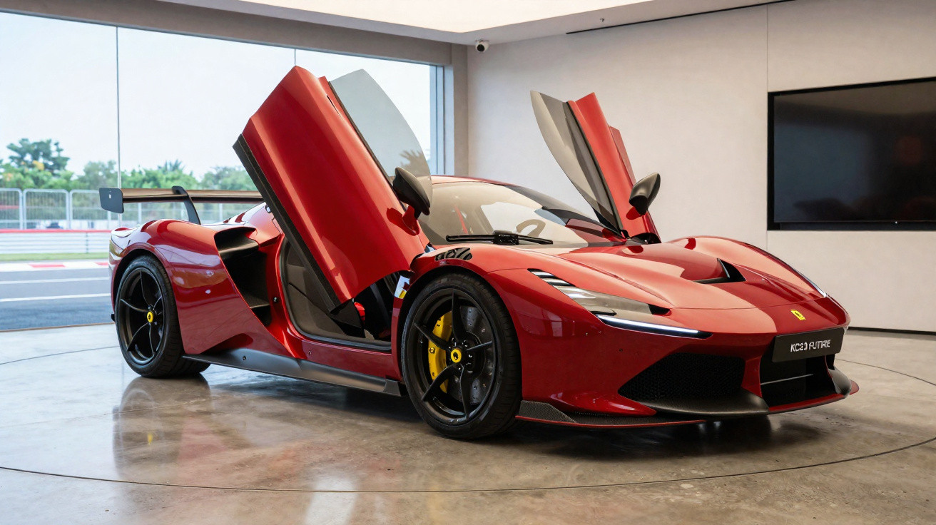 Carro esportivo vermelho com portas abertas para cima em ambiente interno moderno.