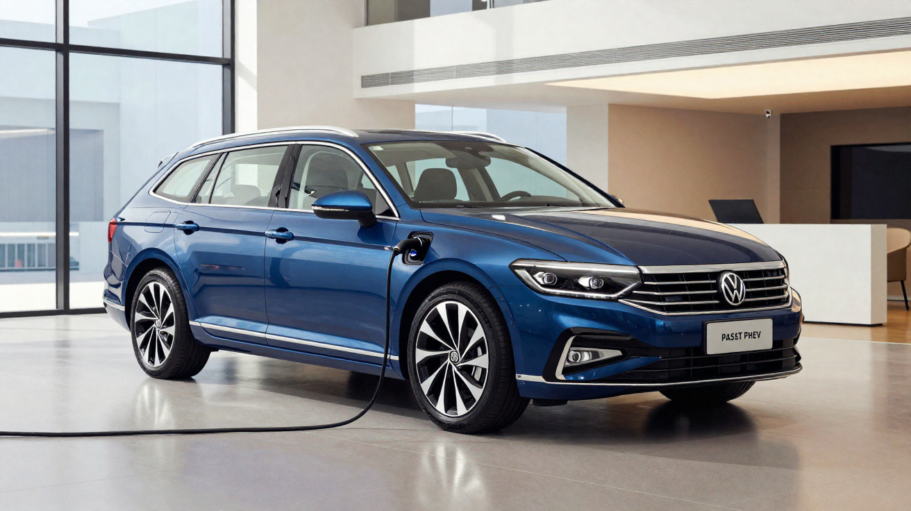Carro elétrico Volkswagen Passat PHEV azul sendo carregado em ambiente interno moderno.