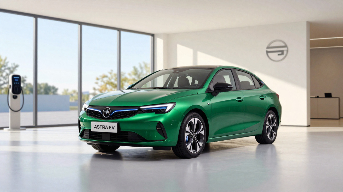 Carro elétrico verde Opel Astra EV em showroom moderno com carregador ao fundo.