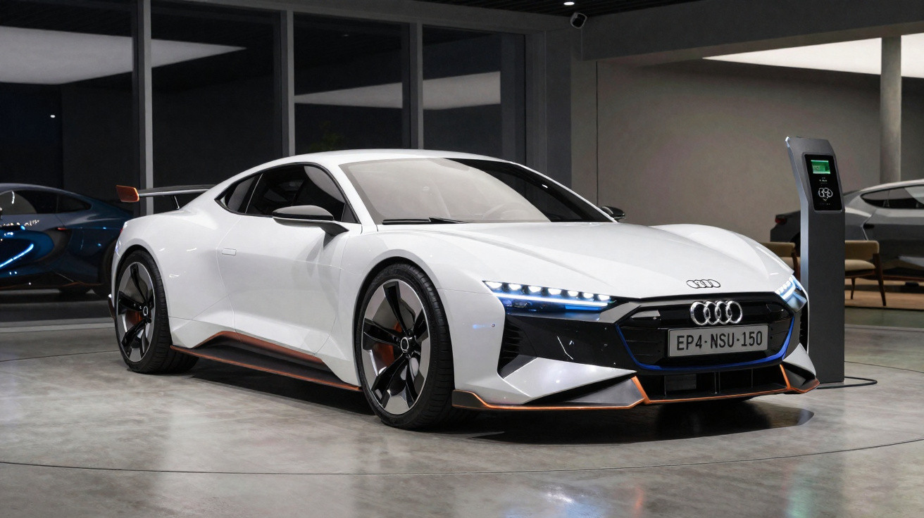 Carro esportivo elétrico branco Audi e-tron GT em showroom moderno com coluna de carregamento ao lado.