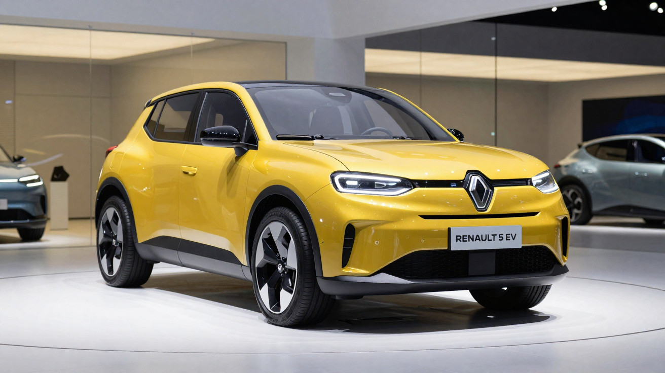 Carro elétrico Renault 5 EV amarelo exposto em salão, com design moderno e rodas esportivas.