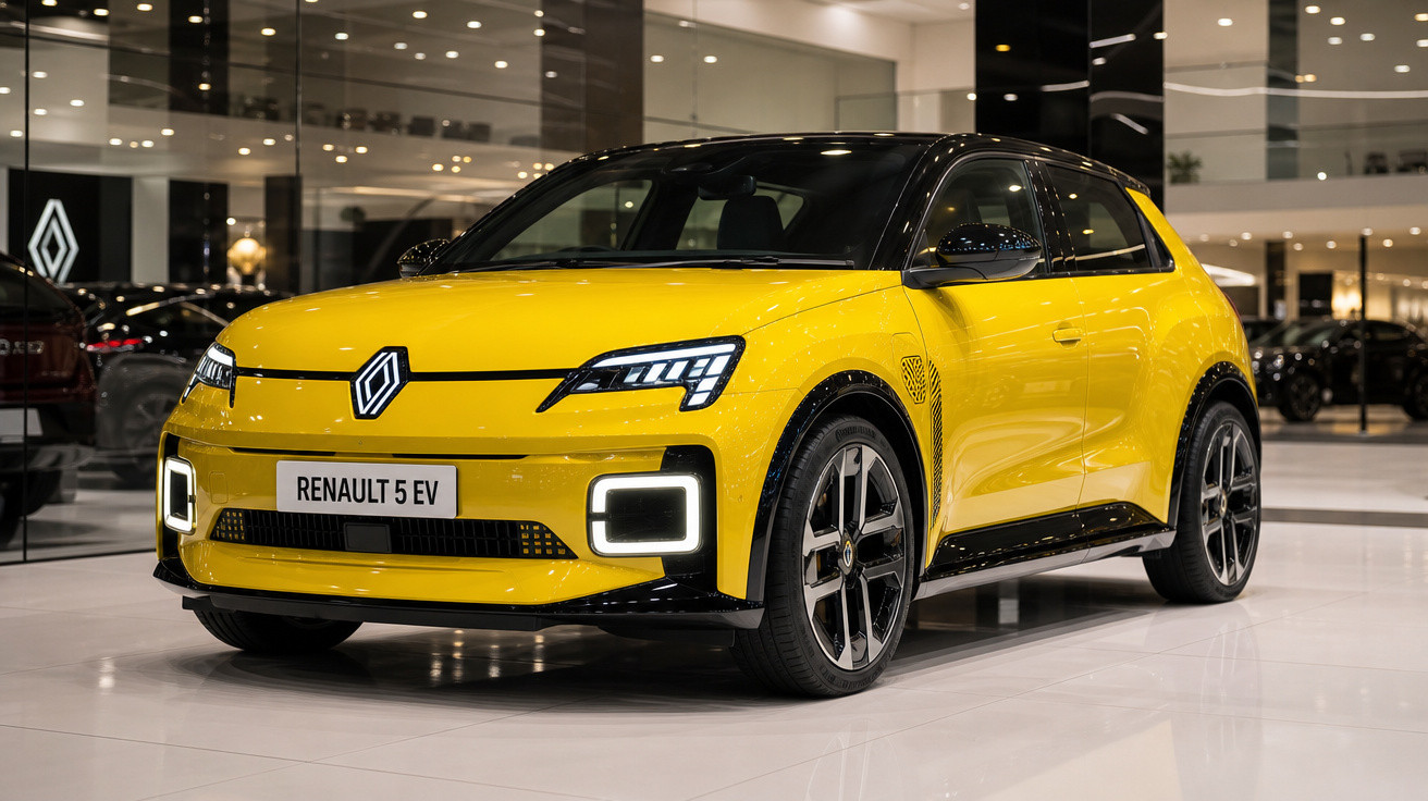 Carro elétrico Renault 5 EV amarelo em showroom moderno com piso branco e iluminação refletida.