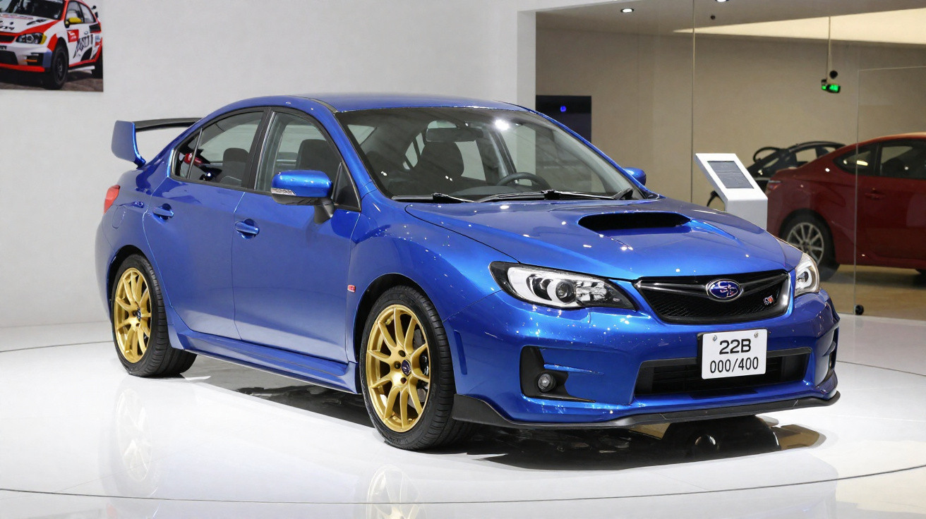 Carro esportivo Subaru azul com rodas douradas exposto em showroom com piso branco.