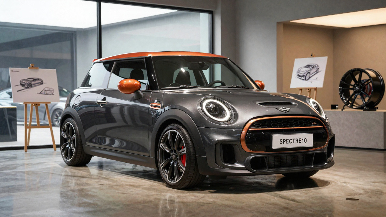Mini Cooper cinza com detalhes laranja em exposição em showroom moderno com desenhos técnicos ao fundo.