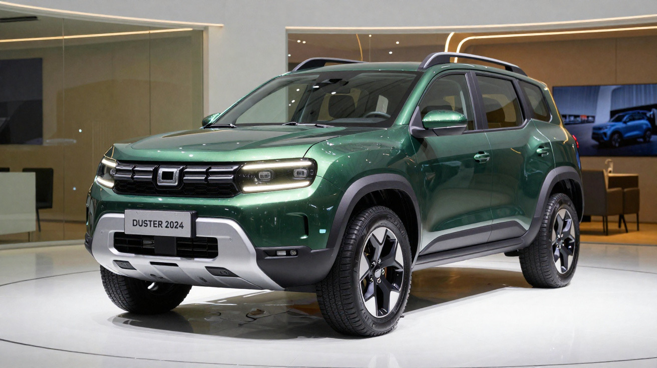 SUV Duster 2024 verde exibido em ambiente de showroom moderno, com iluminação intensa e detalhes em preto.