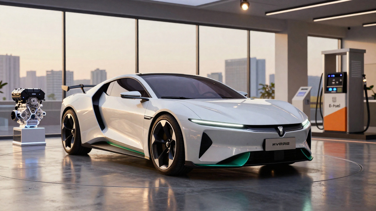 Carro esportivo branco e moderno em showroom com motor e estação de recarga ao fundo.