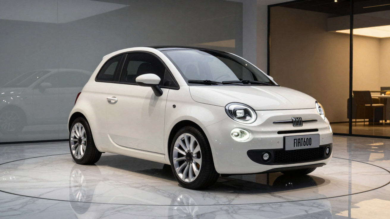 Carro Fiat 600 branco estacionado em ambiente interno moderno com piso de mármore.
