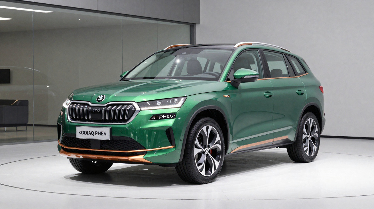 Carro SUV verde Skoda Kodiaq PHEV em exposição dentro de estande moderno.