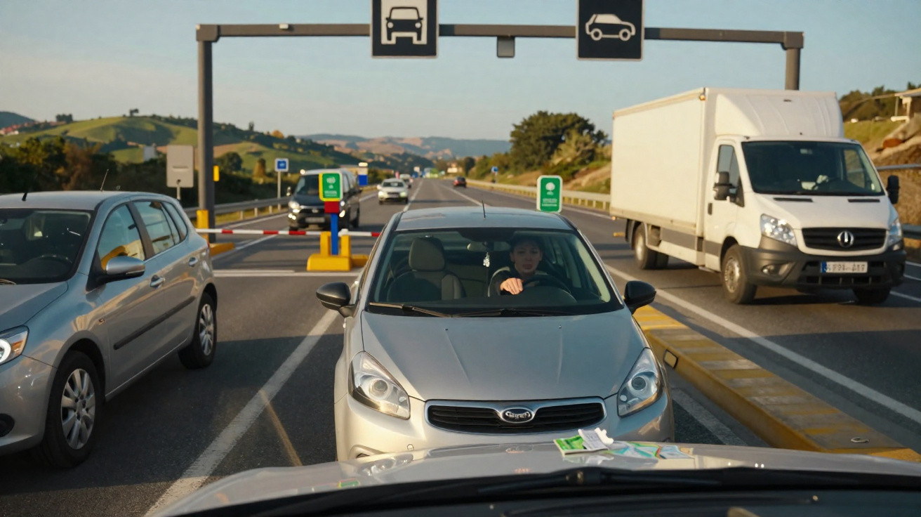 Carros e caminhão aguardam em fila para passar por pedágio em estrada com paisagem ao fundo.