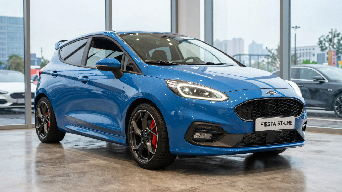 Carro azul Ford Fiesta ST-Line exposto em showroom moderno com piso de concreto e janelas amplas.