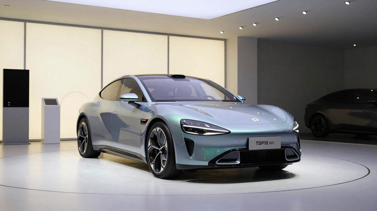 Carro elétrico azul futurista exposto em salão moderno com luz suave e design aerodinâmico.