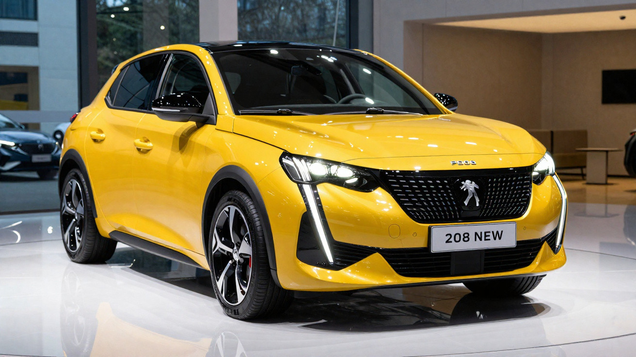 Carro hatch amarelo Peugeot 208 New em exibição dentro de showroom moderno.