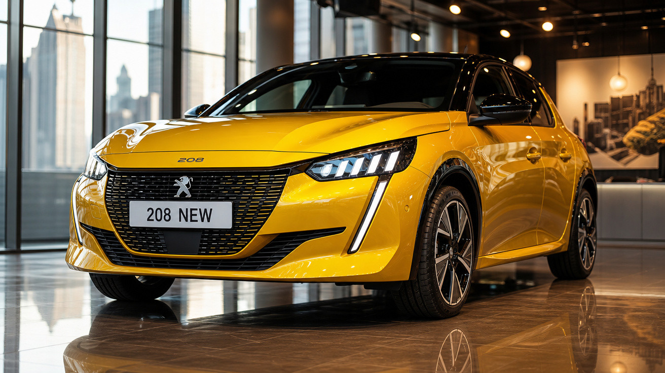 Carro Peugeot 208 amarelo em exposição, com faróis acesos e ambiente interno moderno.