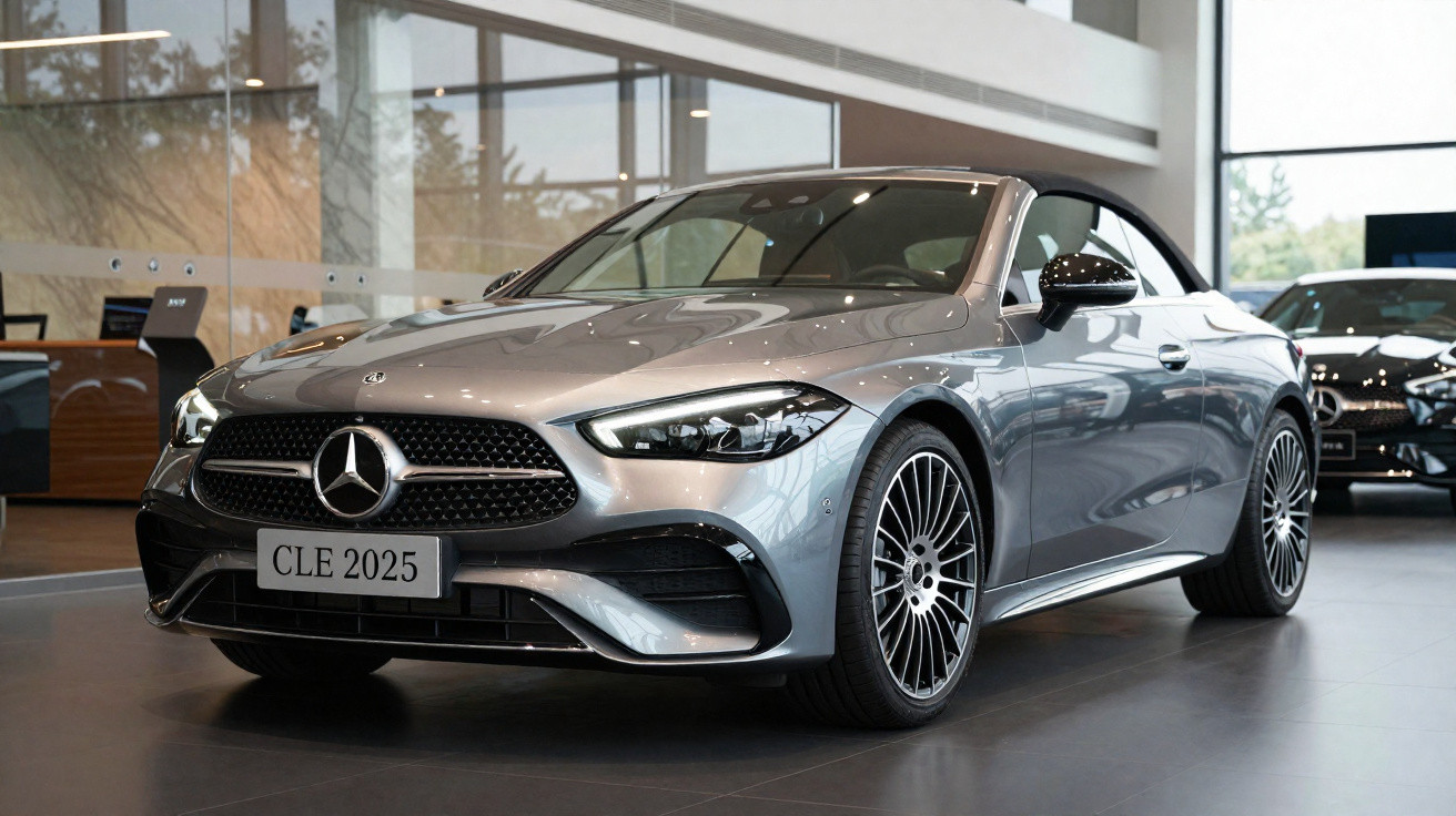 Carro conversível Mercedes-Benz prata 2025 exibido em showroom moderno.