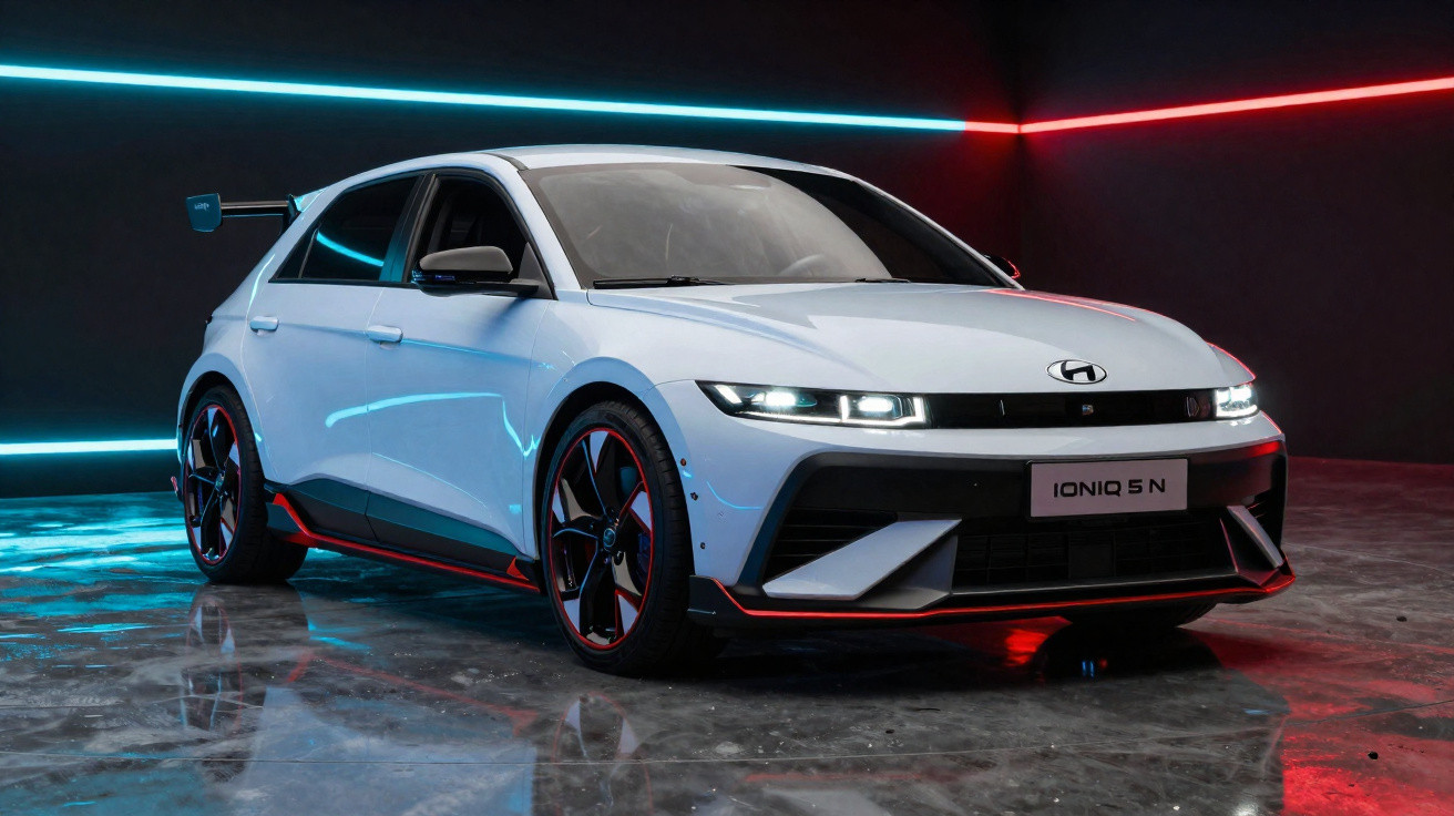 Carro branco Hyundai Ioniq 5 N em ambiente escuro com iluminação azul e vermelha.
