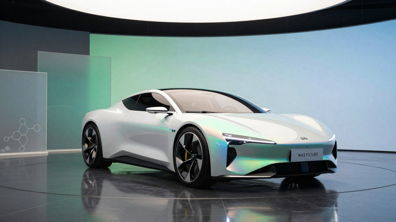 Carro esportivo elétrico branco com design futurista exibido em ambiente moderno e iluminado.