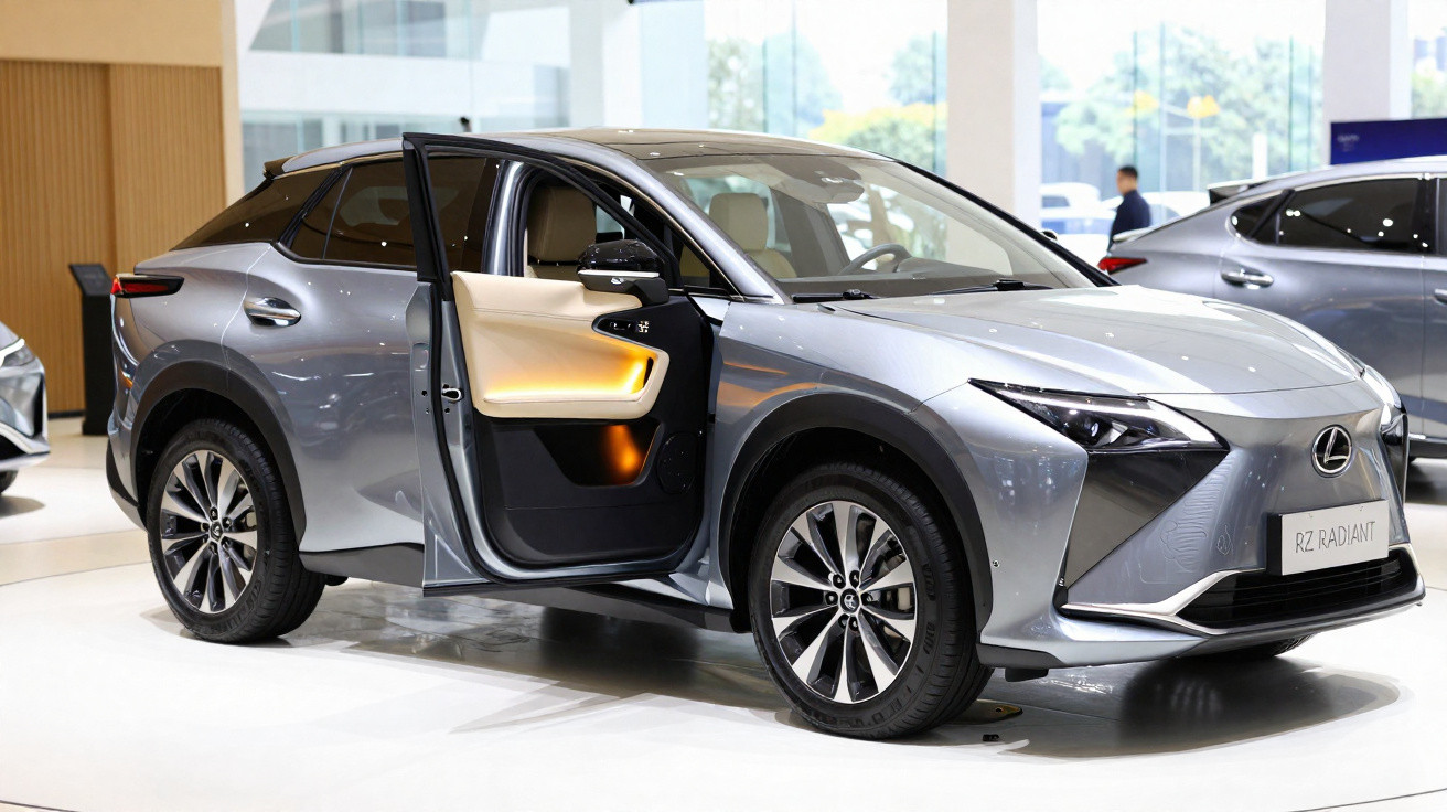 Carro SUV cinza prateado Lexus RZ Radiant com porta dianteira aberta em exposição interna.