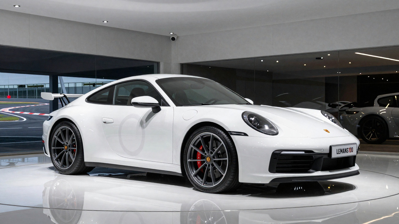 Carro esportivo branco Porsche 911 exibido em showroom moderno com painel de pista ao fundo.