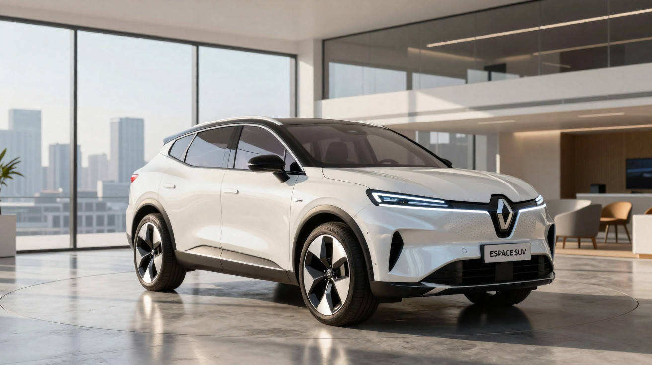 SUV branco Renault Espace elétrico em ambiente interno moderno com janelas grandes e vista urbana.