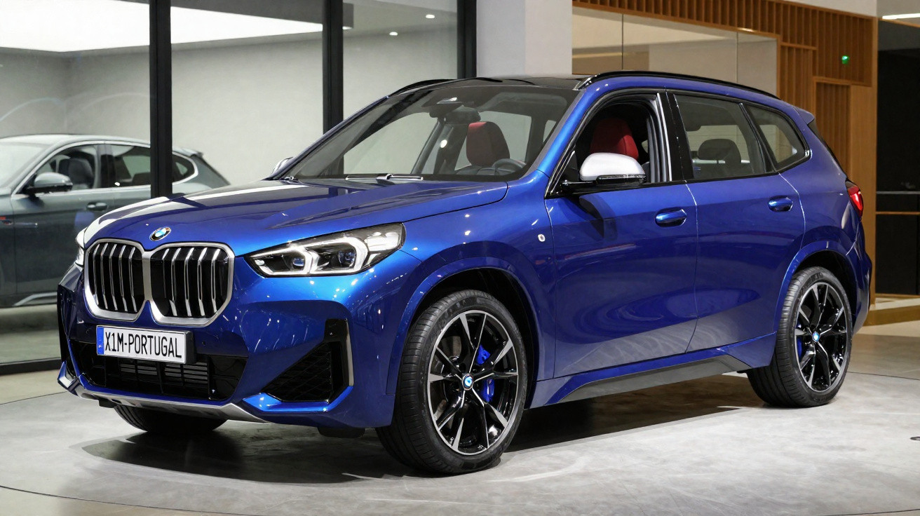 Carro SUV BMW X1 azul estacionado em showroom moderno com interior vermelho visível nas janelas.
