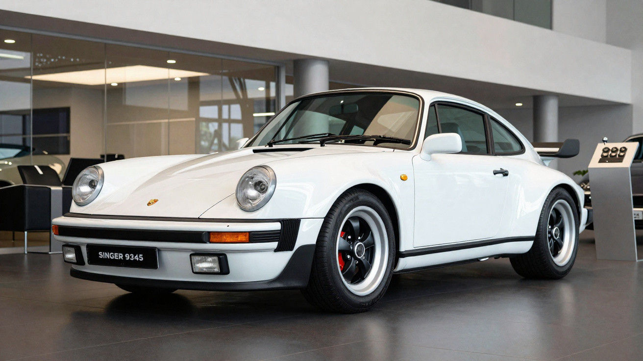 Carro esportivo Porsche 911 clássico branco exibido em ambiente interno moderno.