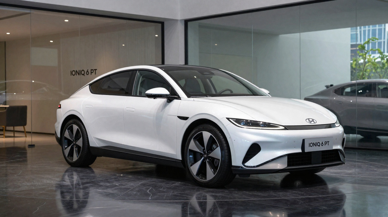Carro elétrico branco Hyundai Ioniq 6 PT estacionado em ambiente interno moderno com piso brilhante.