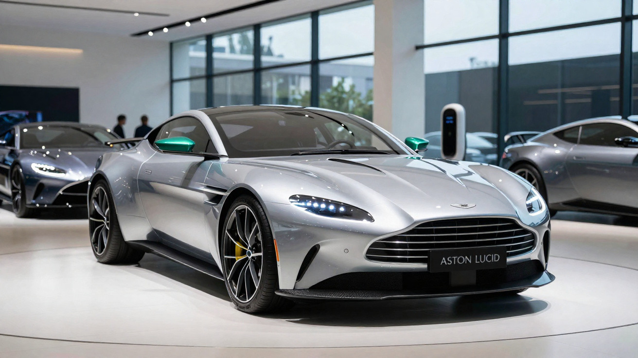 Carro esportivo prata Aston Lucid em exposição interna com iluminação moderna e outros carros ao fundo.