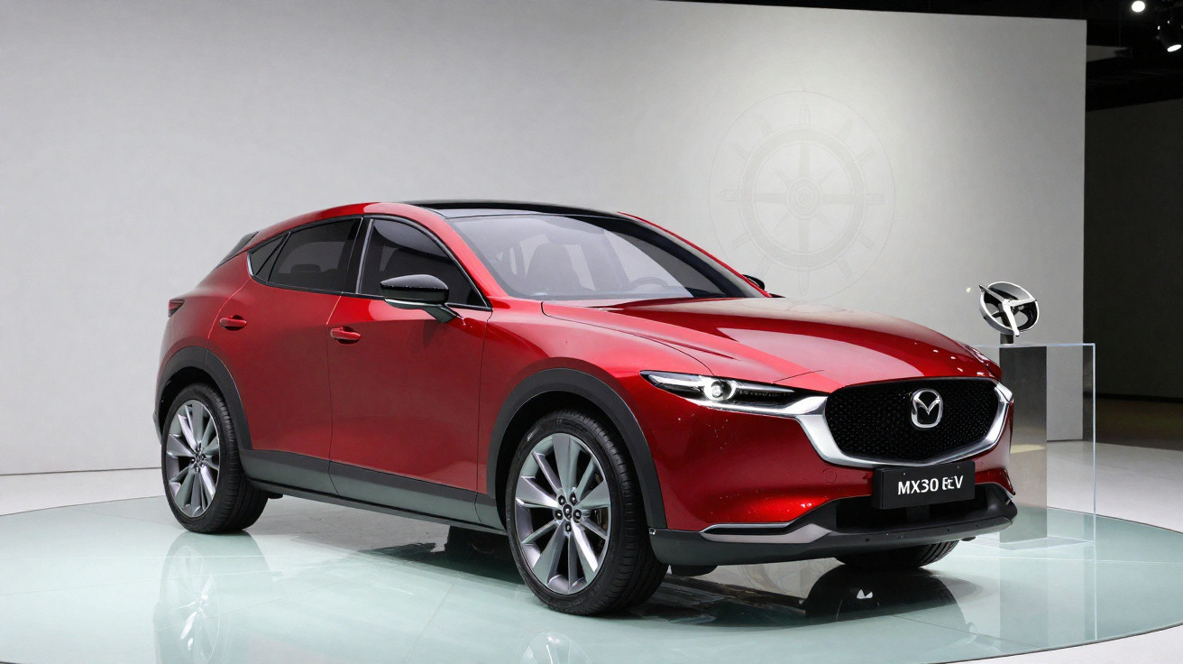 Carro Mazda CX-30 EV vermelho exposto em ambiente interno com iluminação moderna e fundo branco.