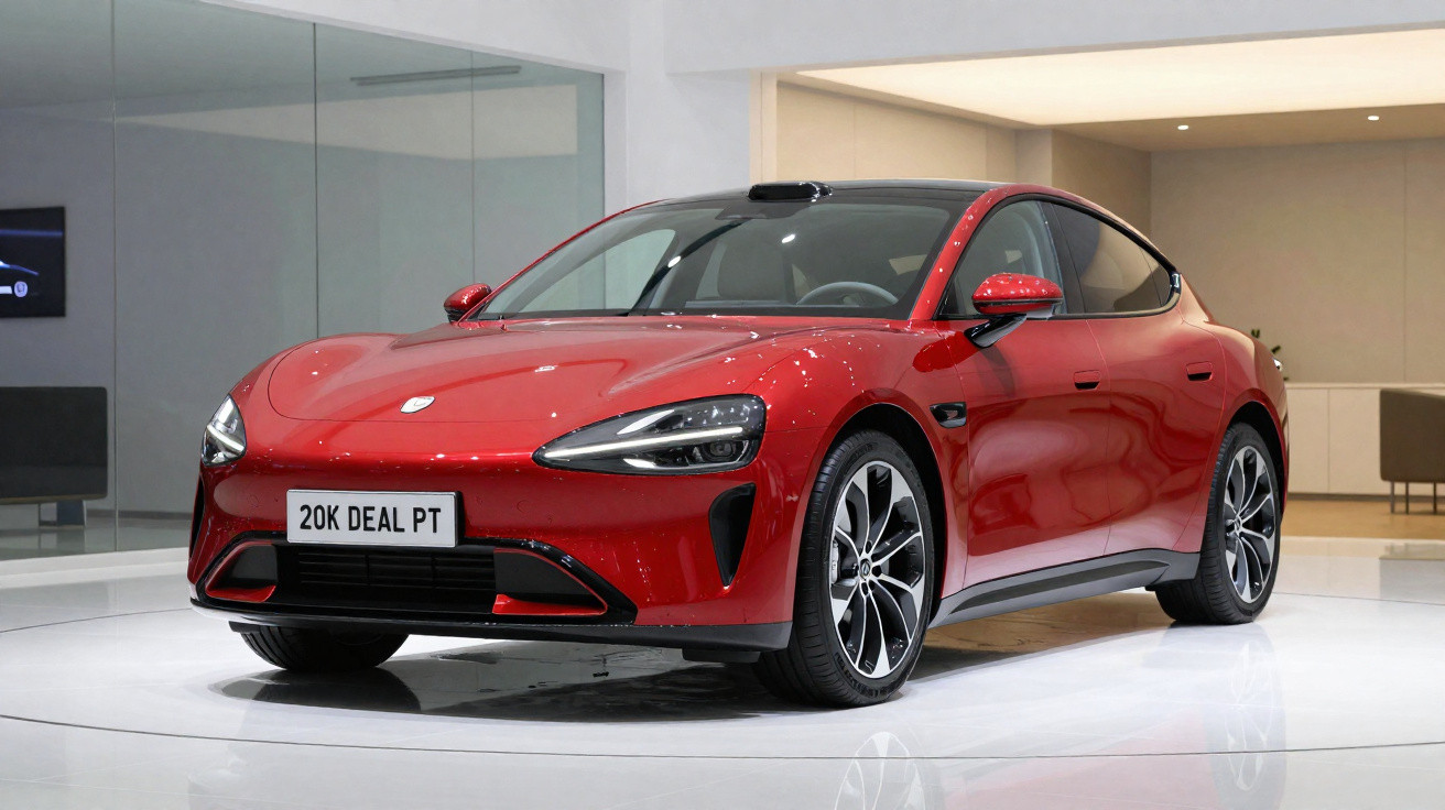 Carro elétrico esportivo vermelho em exposição sobre piso branco em ambiente moderno e iluminado.
