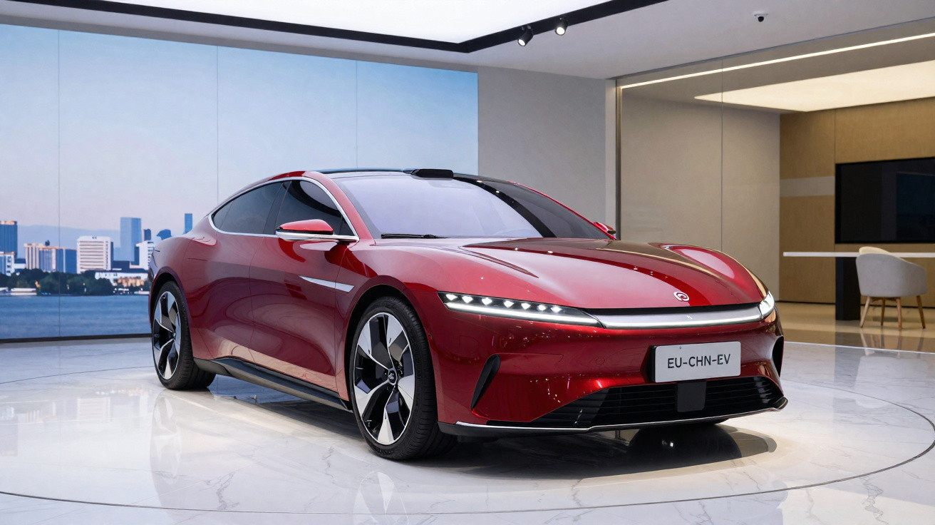 Carro elétrico sedã vermelho brilhante em exposição interna com iluminação moderna e fundo de vidro.