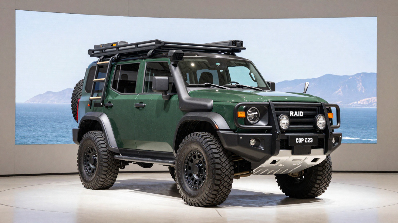 Veículo SUV verde militar modelo Raid COP C23 com pneus off-road exposto em ambiente interno.
