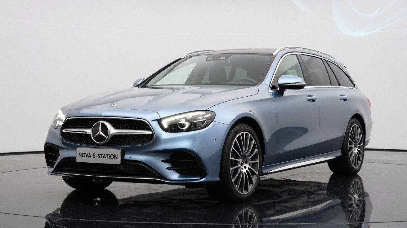 Carro Mercedes-Benz Nova E-Station azul em estúdio com fundo branco e chão espelhado.