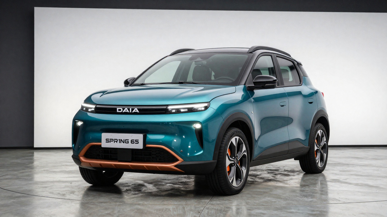 Carro elétrico compacto azul metálico Daia Spring 65 em ambiente interno neutro com detalhes em laranja.