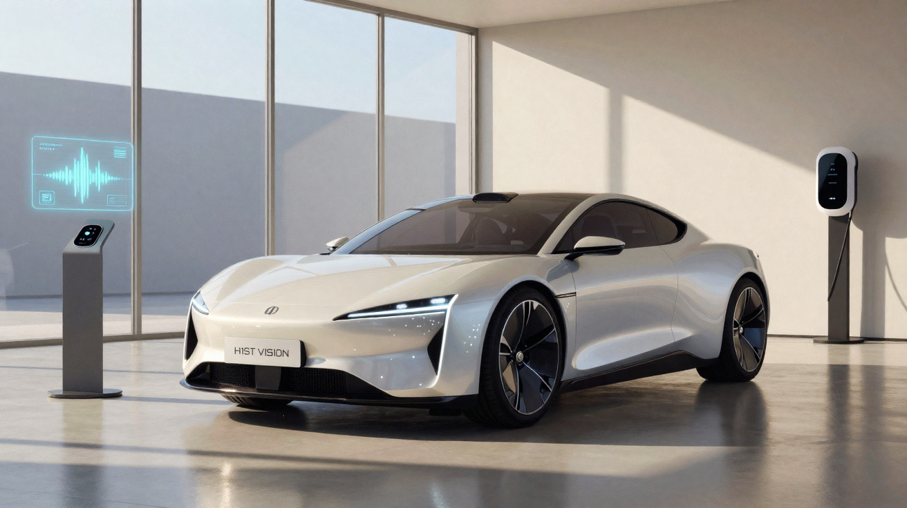 Carro esportivo elétrico branco estacionado em ambiente moderno com estação de carregamento e tela digital.
