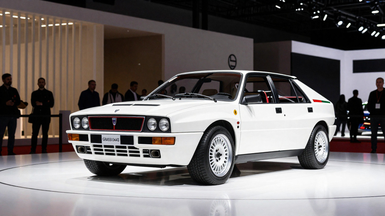 Carro clássico branco Lancia Delta Integrale exposto em salão com pessoas ao fundo.