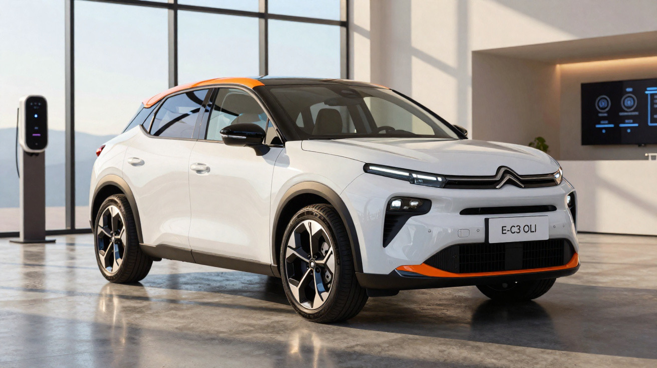 Carro elétrico Citroën E-C3 OLI branco com detalhes laranja estacionado em ambiente iluminado e moderno.