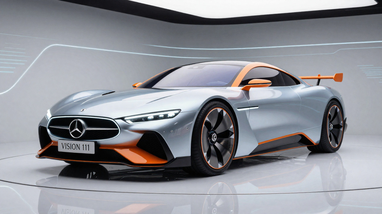 Carro esportivo Mercedes-Benz Vision 111 prata com detalhes em laranja em ambiente futurista e iluminado.