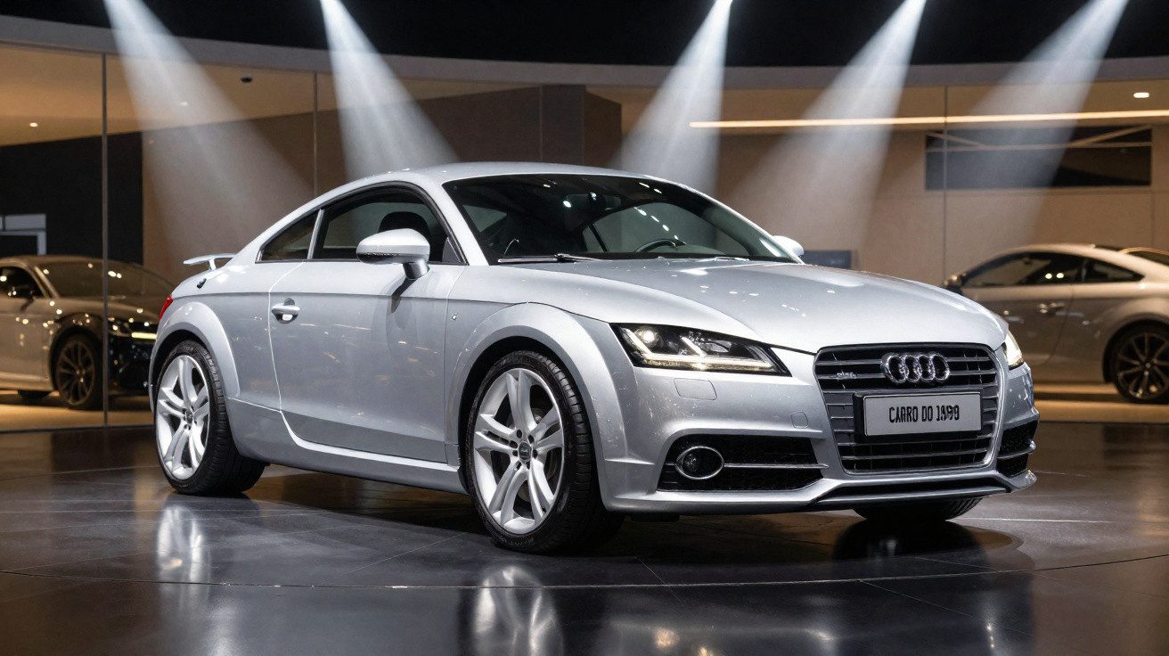 Carro esportivo Audi TT prata exibido em showroom com iluminação focal destacando detalhes do veículo.