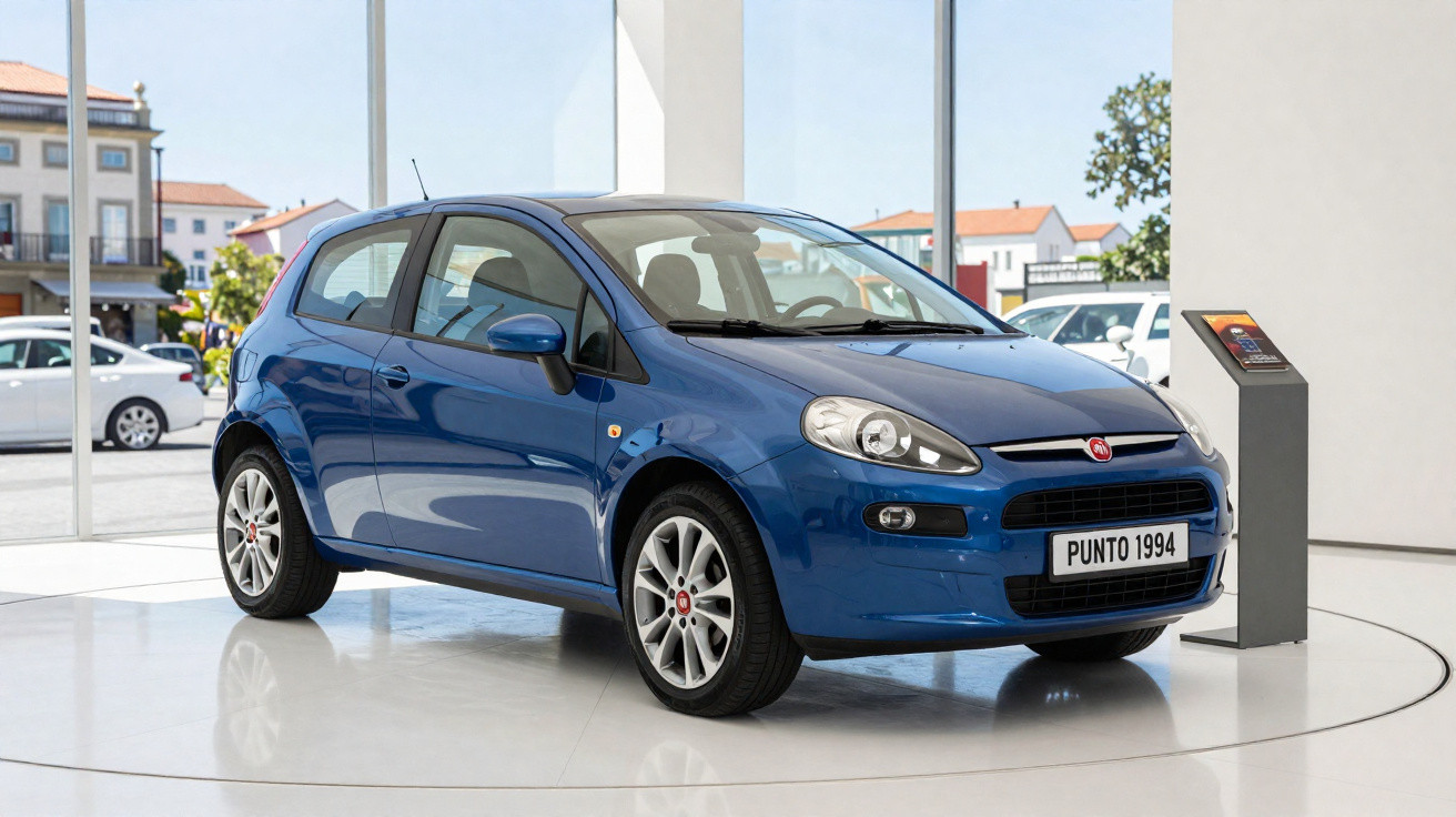 Carro Fiat Punto 1994 azul exibido em ambiente interno com prédios ao fundo.