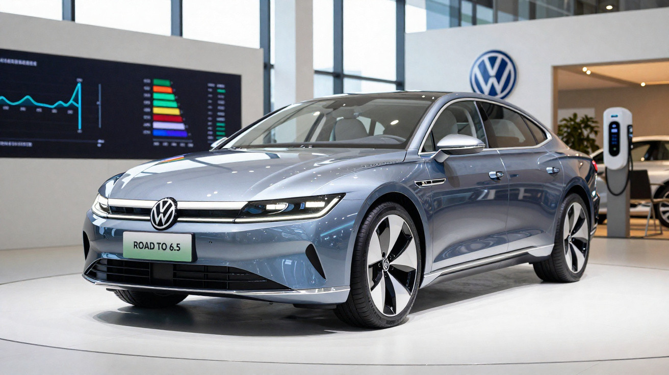 Carro elétrico Volkswagen cinza em exposição, com tela digital e estação de recarga ao fundo.