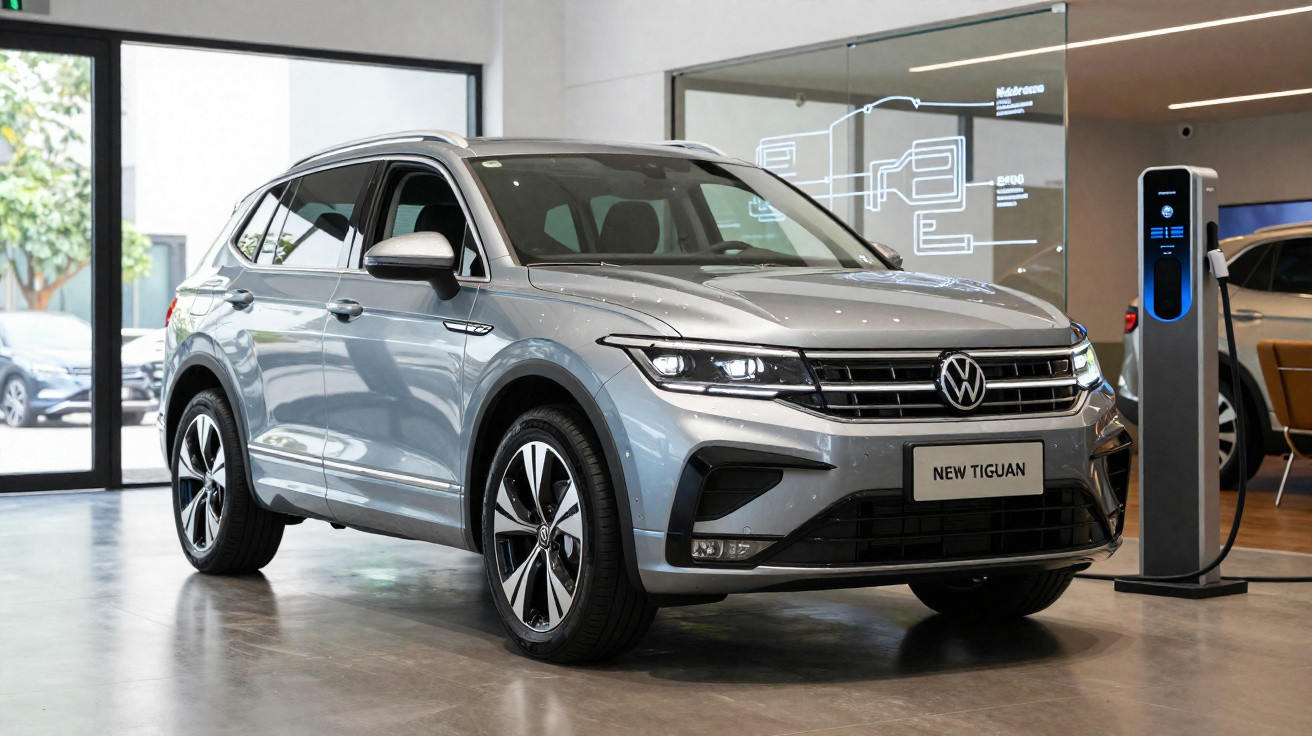 Carro SUV Volkswagen Tiguan cinza estacionado em showroom moderno com estação de carregamento.