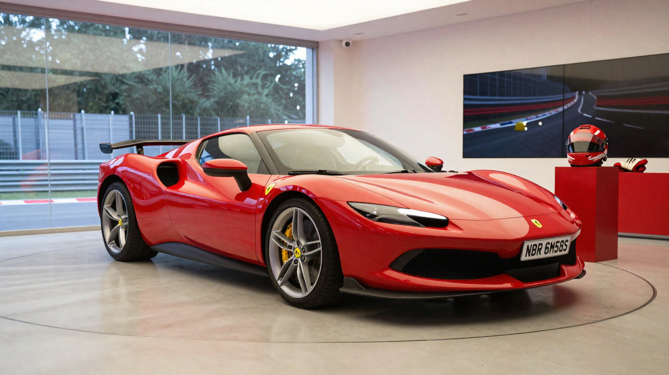 Carro esportivo vermelho Ferrari estacionado em sala com parede de vidro e capacete vermelho exibido.