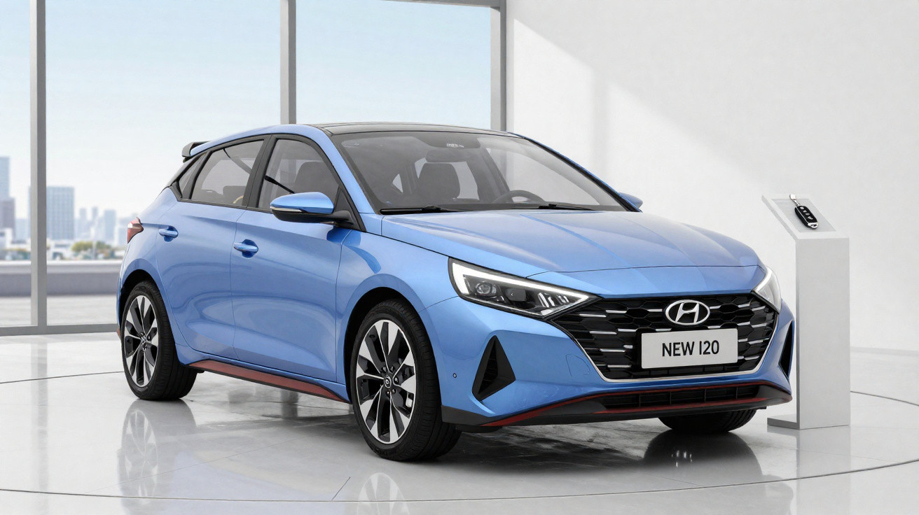 Carro hatchback Hyundai New i20 azul, moderno, exibido em showroom iluminado e com pedestal ao lado.