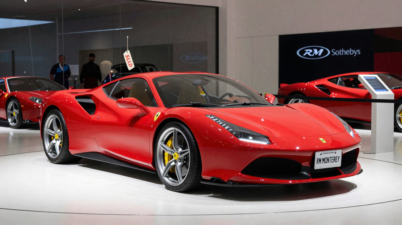 Carro esportivo vermelho Ferrari em exposição com detalhes em amarelo e logo RM Sotheby's ao fundo.