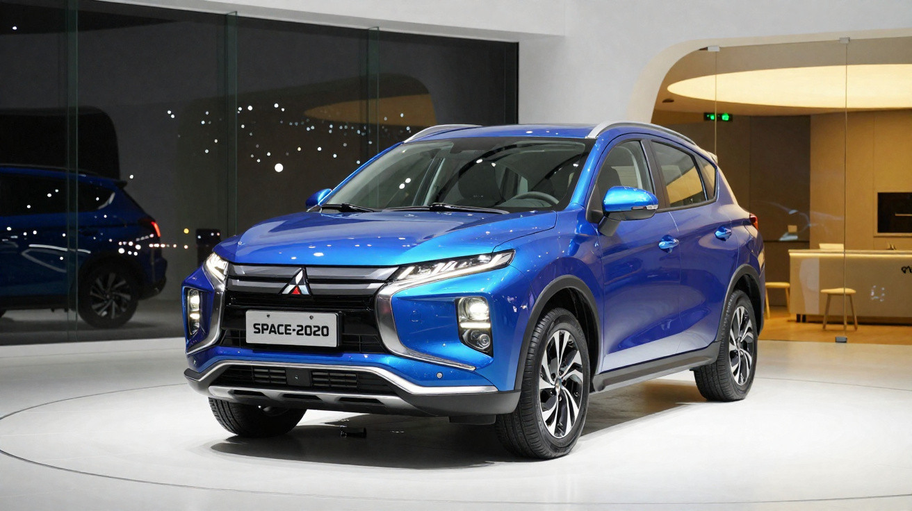 SUV azul da Mitsubishi modelo Space 2020 exposto em salão moderno com piso branco e paredes claras.