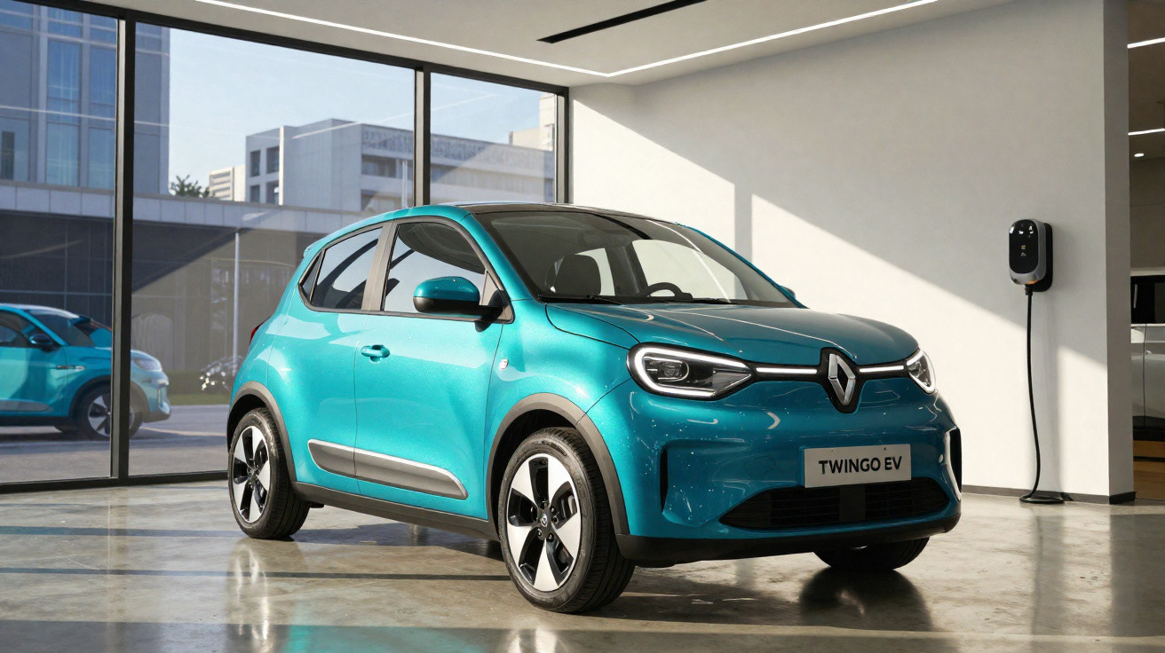 Carro elétrico Renault Twingo EV azul exibido em showroom moderno com parede branca e janela grande.