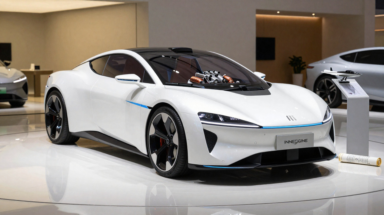 Carro esportivo elétrico branco da Inneggine em exposição, com design aerodinâmico e rodas grandes.